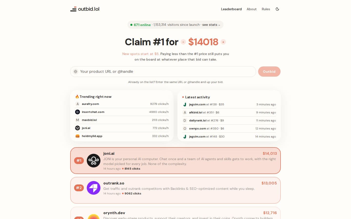 outbid.lol landing page reviewed by The Jury
