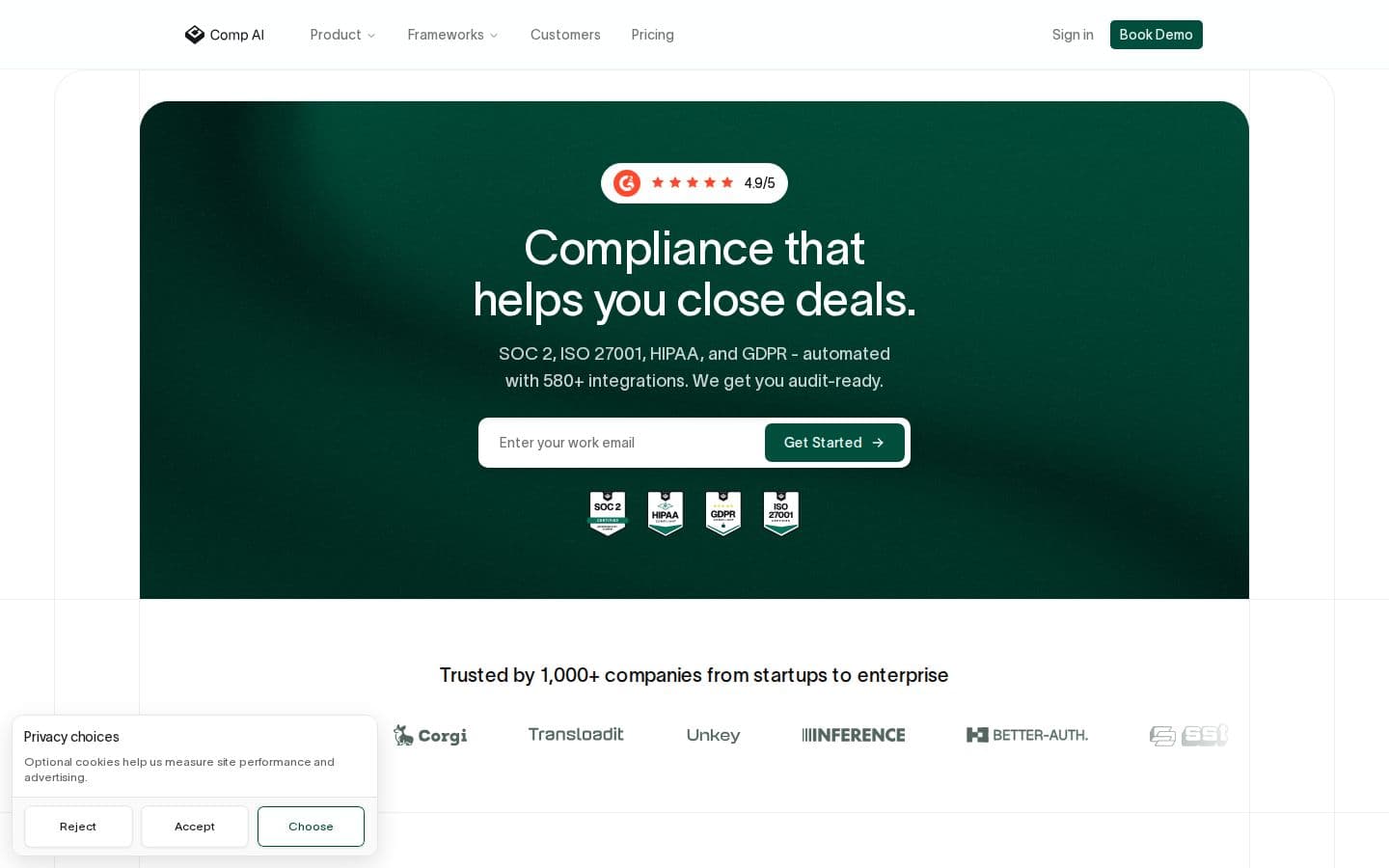 Comp AI landing page reviewed by The Jury