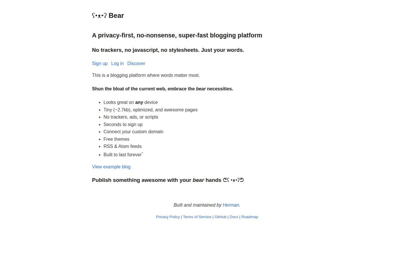 Bear Blog landing page reviewed by The Jury