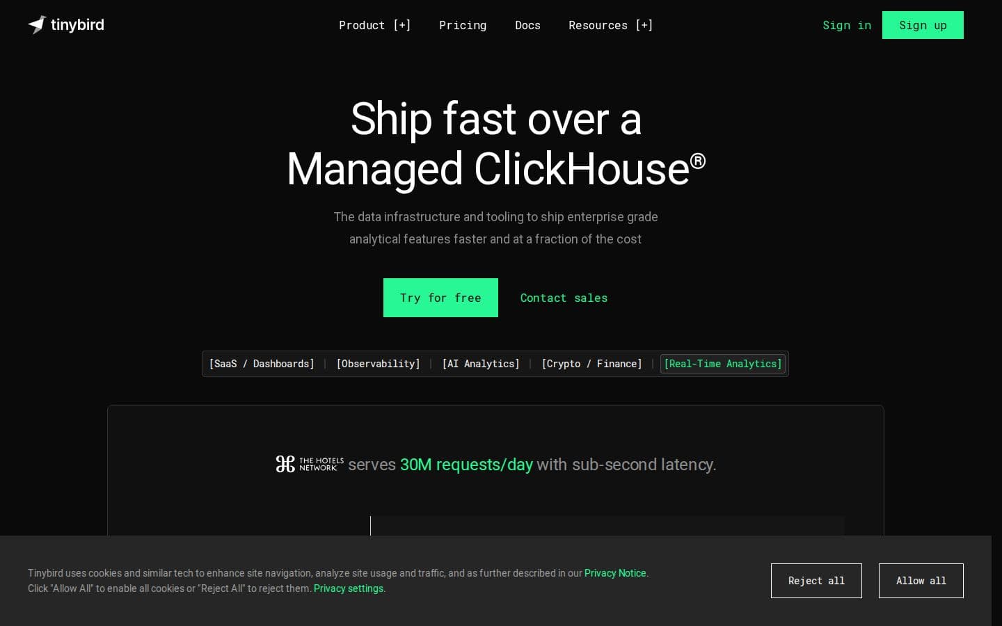 Tinybird landing page reviewed by The Jury