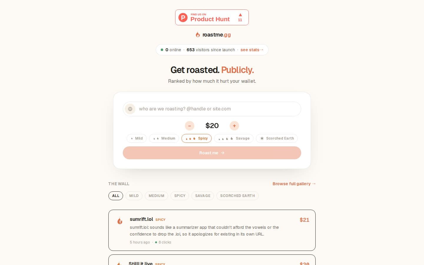 Roast Me GG landing page reviewed by The Jury